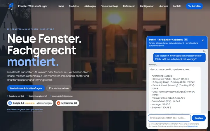 KI-Agent „Daniel“ auf der Website: Frage eines Besuchers zu einem Fenster und Antwort mit dem nach Positionen berechneten Preis