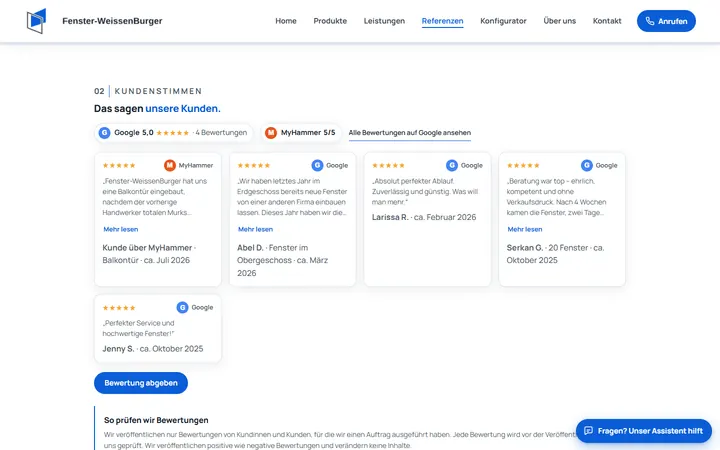 Bewertungsbereich auf der Seite Referenzen mit Fünf-Sterne-Bewertungen von Google und MyHammer
