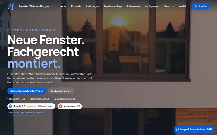 Nachher: Startseite der neuen Fenster-WeissenBurger-Website mit Hintergrundvideo, der Überschrift „Neue Fenster. Fachgerecht montiert.“ und den Google- und MyHammer-Bewertungen
