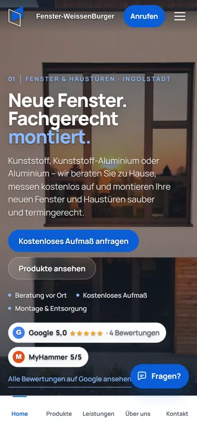 Startseite der Fenster-WeissenBurger-Website auf dem Smartphone mit Navigation unten und Assistenten-Schaltfläche