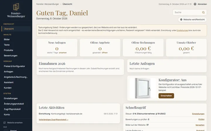 Startseite des Verwaltungsbereichs in der lokalen Testumgebung ohne echte Daten: Anfragen, Angebote, Rechnungen und Konfigurator-Status